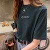 2026 Summer New Korean Loose Letter Print Short Sleeve T-Shirt Female Student Clothes Women's Clothing One Drop Shipping - Dark green