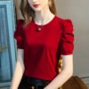 Short-sleeved T-shirt women's new solid color half-sleeved cotton shirt pleated puff sleeve design top for women - Cherry red