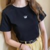 2026 summer new slim embroidery crew neck short-sleeved T-shirt women's student women's base top - Black