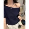Design slanted shoulder short-sleeved women's off-the-shoulder short T-shirt summer pure desire hot girl loose black one-line shoulder clothes - Navy blue