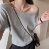 One-shoulder off-the-shoulder slanted gray loose short-sleeved T-shirt women's high-end casual spring and summer drop-shoulder design top - grey