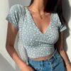 American retro style floral cross V-neck slim short crop top short-sleeved T-shirt women's top 2026 summer new trend - Light blue