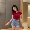 Wholesale 2026 summer new Korean version letter embroidery slim short sleeve T-shirt schoolgirl top foreign trade women's clothing trend - Red
