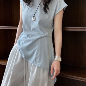 Luxi Korean version of simple slim lace-up short sleeve women's summer new waist irregular hem T-shirt top 2626