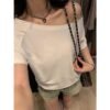 Design slanted shoulder short-sleeved women's off-the-shoulder short T-shirt summer pure desire hot girl loose black one-line shoulder clothes - White