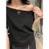 One-line collar off-the-shoulder design loose solid color short-sleeved T-shirt women's 2026 summer new slanted shoulder lazy top - Black