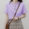Short sleeve Korean crew neck T-shirt women's summer loose plant print casual solid color base shirt top Korean women's clothing - Purple