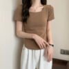 2026 summer design sense niche pure desire style sweet and hot girl U-neck straight shoulder short-sleeved T-shirt women's irregular cropped top - Kajia Yin #A006 # Khaki color