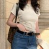 white T-shirt women's front shoulder short sleeve European goods 2026 new slimming crew neck cotton layered base top - Beige-gray