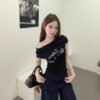 One-neck short-sleeved slim T-shirt women's 2026 summer monogram print slimming hot girl versatile cropped off-the-shoulder top - Black