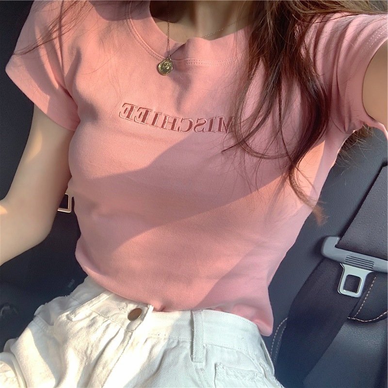 Wholesale 2026 summer new Korean version letter embroidery slim short sleeve T-shirt schoolgirl top foreign trade women's clothing trend