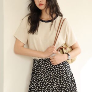 Tencel linen short-sleeved 2026 new spring/summer base shirt women's versatile crew neck T-shirt casual contrasting pullover top