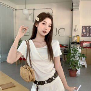 Gentle pleated irregular straight neck off-the-shoulder short-sleeved T-shirt women's 2026 summer new niche design top