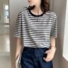 Short Sleeve T-Shirt Women's Summer Thin 2026 New Versatile Loose Cotton Green Striped Shirt Women's Jacket - Navy stripes