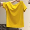 Design slanted shoulder short-sleeved women's off-the-shoulder short T-shirt summer pure desire hot girl loose black one-line shoulder clothes - Mango yellow