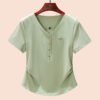 White women's summer 2026 new design V-neck irregular curved hem Korean version short-sleeved T-shirt women's half sleeves - The water is green