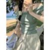 One-shoulder swing neck exposed collarbone pure desire fragrant shoulder T-shirt women's straight shoulders slim waist short sleeve sexy short top summer - Mint green