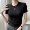 H521 live broadcast explosive round neck short-sleeved T-shirt women's summer wear on the outside with a base shirt on the inside, solid color is comfortable and breathable - Black