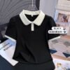 Plus-size shoulder short-sleeved T-shirt women's summer 2026 new fat mm fake two-piece doll collar top is foreign - Black