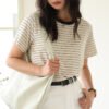 Tencel linen short-sleeved 2026 new spring/summer base shirt women's versatile crew neck T-shirt casual contrasting pullover top - Hemp strips
