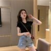 Wholesale 2026 summer new Korean version letter embroidery slim short sleeve T-shirt schoolgirl top foreign trade women's clothing trend - Black
