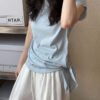 Luxi Korean version of simple slim lace-up short sleeve women's summer new waist irregular hem T-shirt top 2626 - Lake blue
