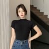 Pure desire wind semi-turtleneck short-sleeved T-shirt women's 2026 summer slim slimming base shirt with student tops ins trend - Black