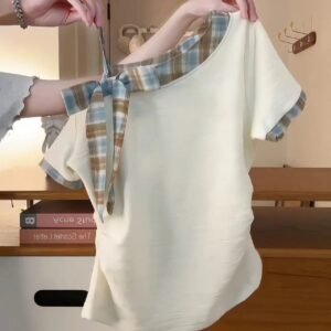 Sweet and spicy plaid contrast diagonal short-sleeved T-shirt women's summer retro bow waist slimming pleated cropped top