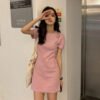2026 Summer New Korean Slim Solid Color Short Sleeve T-Shirt Women's Mid-Length Dress Women's Foreign Trade Women's Clothes - 6624* Pink