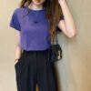 2026 summer new slim embroidery crew neck short-sleeved T-shirt women's student women's base top - Purple