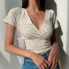 American retro style floral cross V-neck slim short crop top short-sleeved T-shirt women's top 2026 summer new trend - Yellow