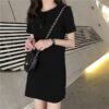2026 Summer New Korean Slim Solid Color Short Sleeve T-Shirt Women's Mid-Length Dress Women's Foreign Trade Women's Clothes - 6624* Black