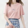 Short sleeve Korean crew neck T-shirt women's summer loose plant print casual solid color base shirt top Korean women's clothing - pink