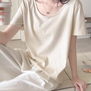 American straight shoulder short-sleeved T-shirt women's summer women's new U-neck with a short snowflake cotton base shirt top for women