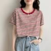 Short Sleeve T-Shirt Women's Summer Thin 2026 New Versatile Loose Cotton Green Striped Shirt Women's Jacket - Red stripes