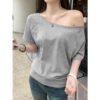 One-line collar off-the-shoulder design loose solid color short-sleeved T-shirt women's 2026 summer new slanted shoulder lazy top - Flower gray