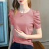Short-sleeved T-shirt women's new solid color half-sleeved cotton shirt pleated puff sleeve design top for women - Deluxe red