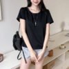 American straight shoulder short-sleeved T-shirt women's summer women's new U-neck with a short snowflake cotton base shirt top for women - Black