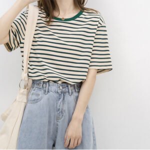 Short Sleeve T-Shirt Women's Summer Thin 2026 New Versatile Loose Cotton Green Striped Shirt Women's Jacket
