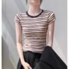 Gigafactory American striped T-shirt women's contrasting color reduction shoulder short sleeve summer slim hot girl style base top - Red stripes