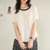 Tencel linen short-sleeved 2026 new spring/summer base shirt women's versatile crew neck T-shirt casual contrasting pullover top - Ya Xing