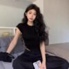 Summer shoulder T-shirt, white short-sleeved female slim hot girl, short base shirt, new crew neck, outer wear, source manufacturer - [Women's slim short sleeves] black