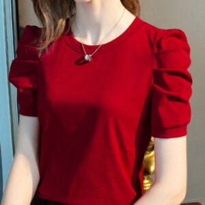 Short-sleeved T-shirt women's new solid color half-sleeved cotton shirt pleated puff sleeve design top for women