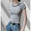 Gigafactory American striped T-shirt women's contrasting color reduction shoulder short sleeve summer slim hot girl style base top - Blue stripes