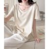 American straight shoulder short-sleeved T-shirt women's summer women's new U-neck with a short snowflake cotton base shirt top for women - apricot