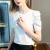 Short-sleeved T-shirt women's new solid color half-sleeved cotton shirt pleated puff sleeve design top for women - White