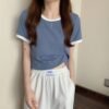 Contrasting crew neck short-sleeved T-shirt women's 2026 new summer base layer Korean slim short top trend - Blue