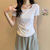 2026 summer design sense niche pure desire style sweet and hot girl U-neck straight shoulder short-sleeved T-shirt women's irregular cropped top - Kajia Yin #A006 # White