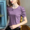 Short-sleeved T-shirt women's new solid color half-sleeved cotton shirt pleated puff sleeve design top for women - Purple