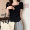 2026 summer design sense niche pure desire style sweet and hot girl U-neck straight shoulder short-sleeved T-shirt women's irregular cropped top - Kajiayin #A006# black